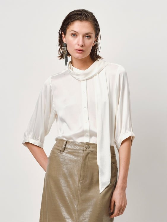 Vaila silk scarf bow blouse ecru - HEY LOU STUDIO